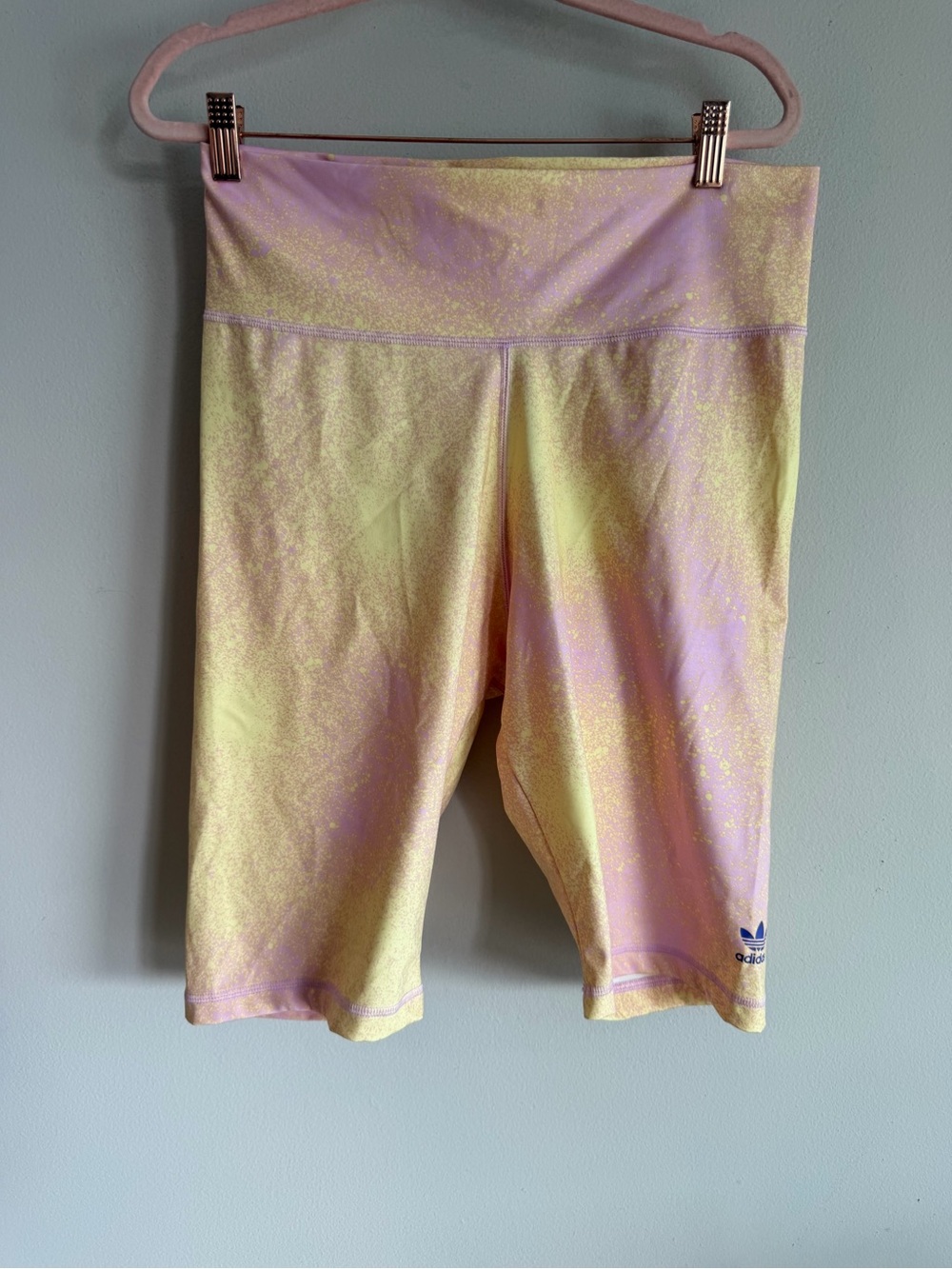 adidas Originals Acid Wash Tie Dye Bike Shorts XL Yellow Lavender Purple Trefoil